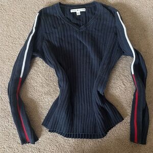 Tommy Hilfiger Navy Ribbed V-Neck with Striped Sleeves